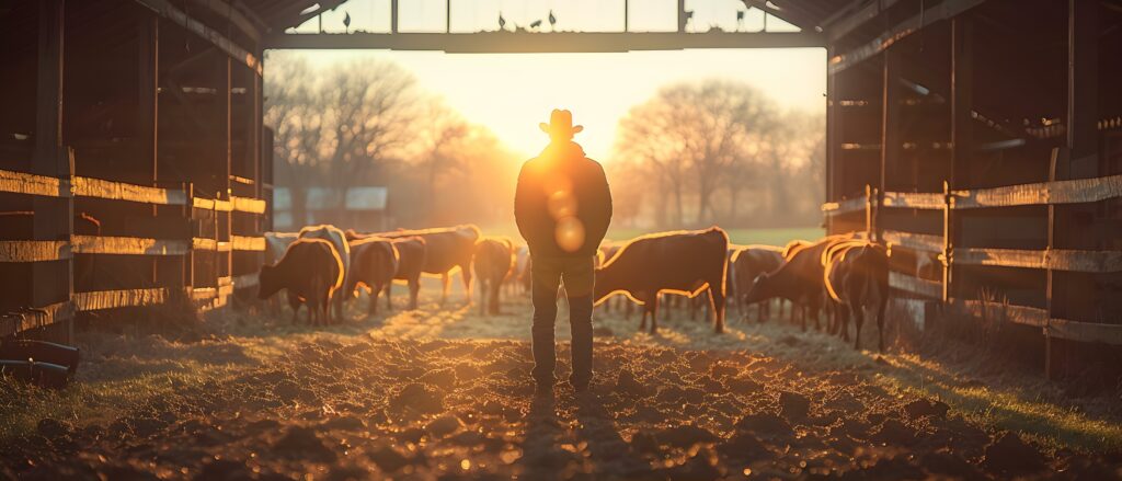Cows in stables being fed by a worker in a cattle farm barn, highlighting the need for Farm Livestock Insurance to protect valuable livestock in Colorado.