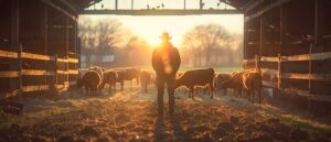 Cows in stables being fed by a worker in a cattle farm barn, highlighting the need for Farm Livestock Insurance to protect valuable livestock in Colorado.