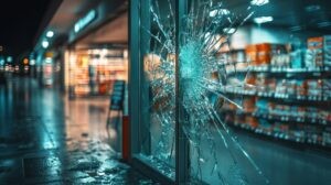 Shattered glass window of a retail store after a break-in, highlighting the importance of crime insurance coverage for property damage.