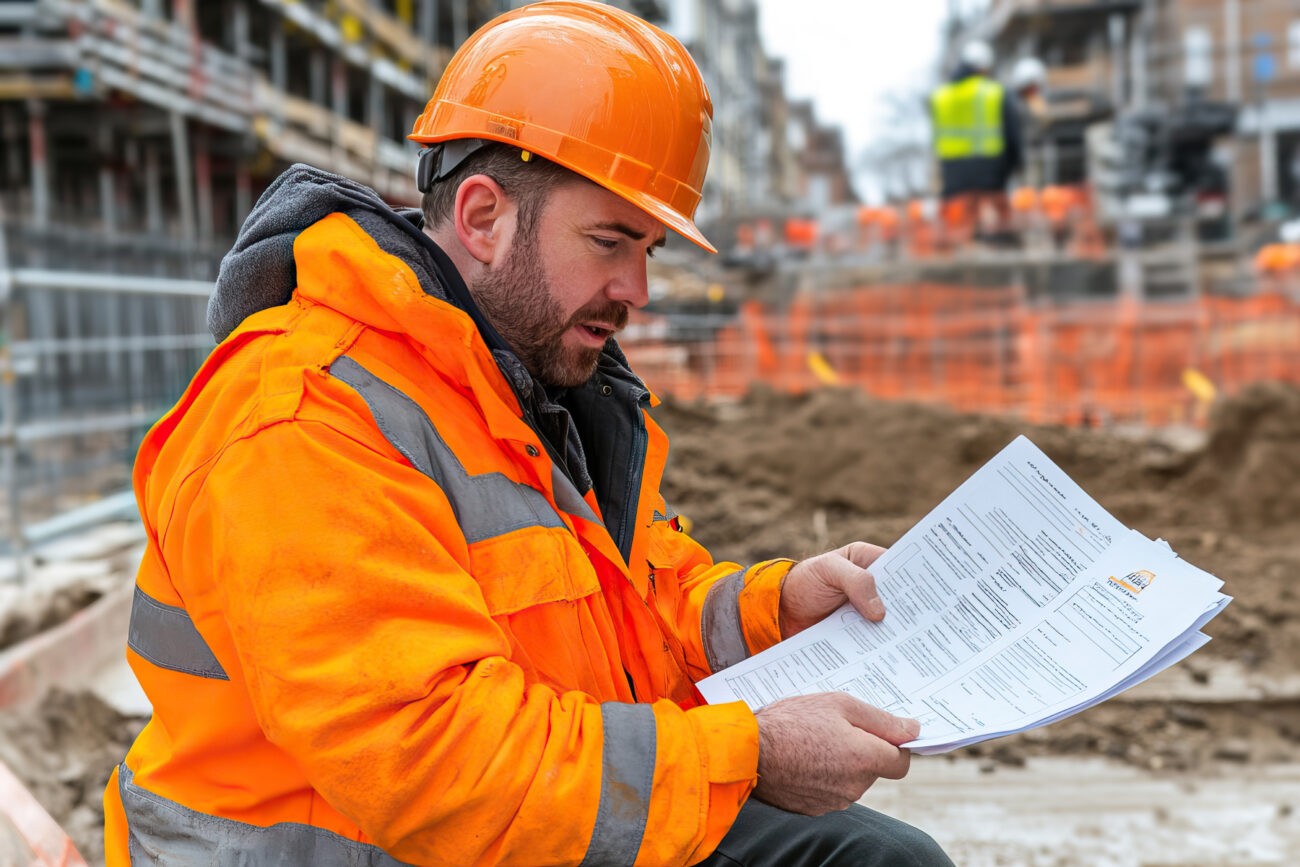 A construction worker in an orange hard hat and safety jacket examines an insurance policy on a building site, showing the importance of contractor insurance in Colorado.