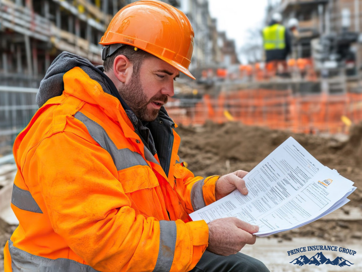 A construction worker in an orange hard hat and safety jacket examines an insurance policy on a building site, showing the importance of contractor insurance in Colorado.