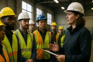 Team of workers attentively listening to their supervisor during a morning safety meeting, demonstrating protection for employees in a Colorado workplace.