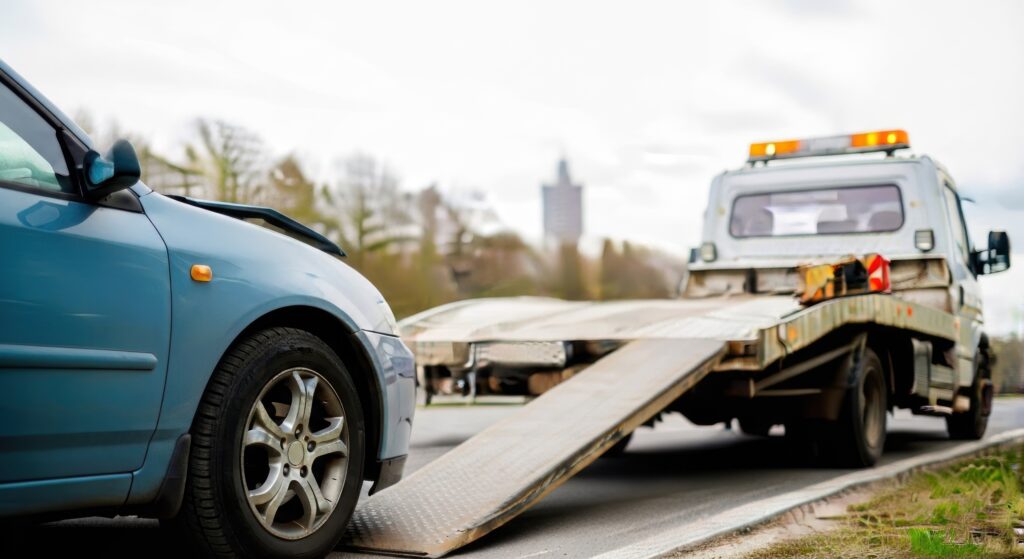 Towing truck assisting a disabled vehicle on roadside, illustrating reliable Towing Insurance coverage for compliant and protected towing businesses.