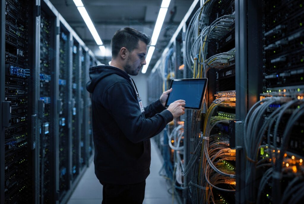IT technician working in a server room, emphasizing the importance of Cyber Liability Insurance to protect businesses from cyber threats and data breaches.