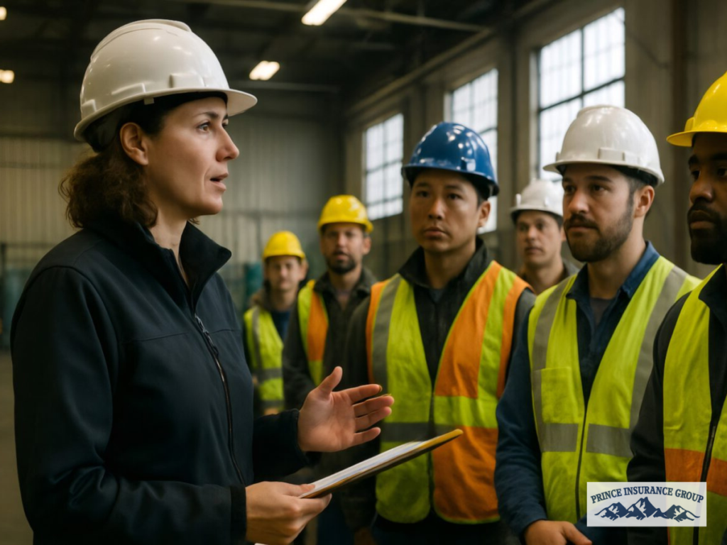 A supervisor addresses a group of construction workers in hard hats on-site, a crew that should be covered by adequate sub-contractor insurance for liability and safety.